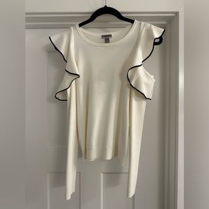 Cream and black ruffled open shoulder light sweater